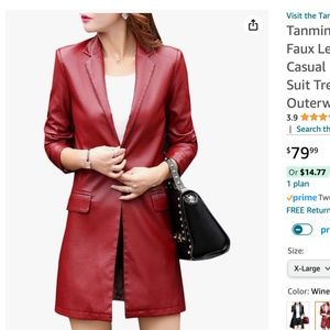 Tanming Womens PU Faux Leather Jacket Casual Lapel Long Suit Trench Coat